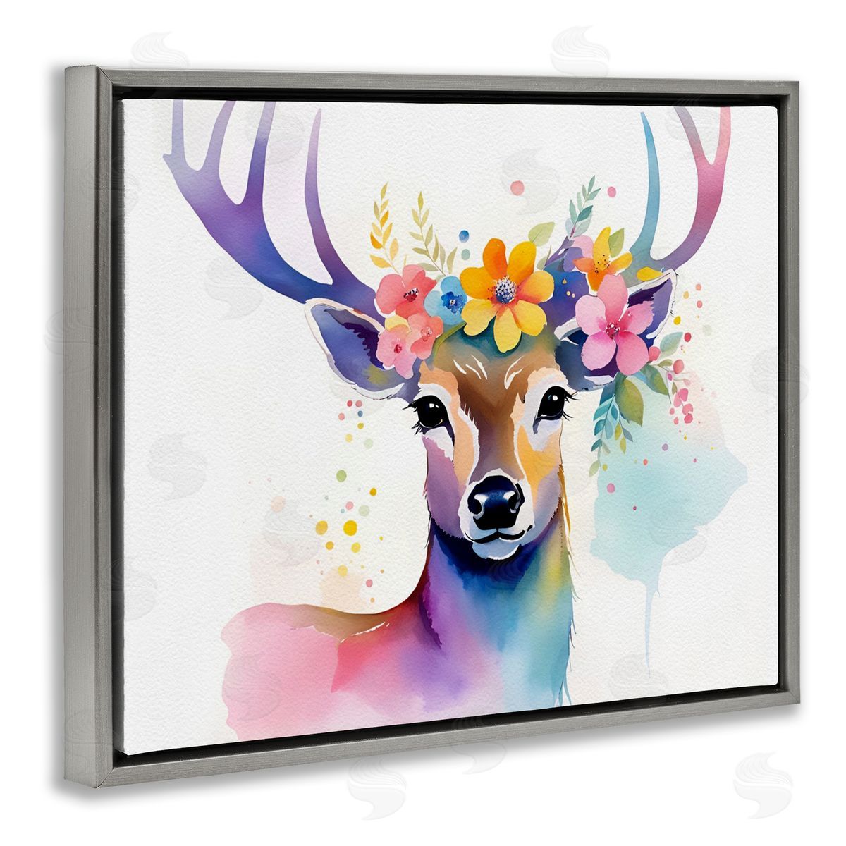 Floral Garland Deer Grey Floating Frame Canvas Wall Art, Home Decor by Amber Clarkson