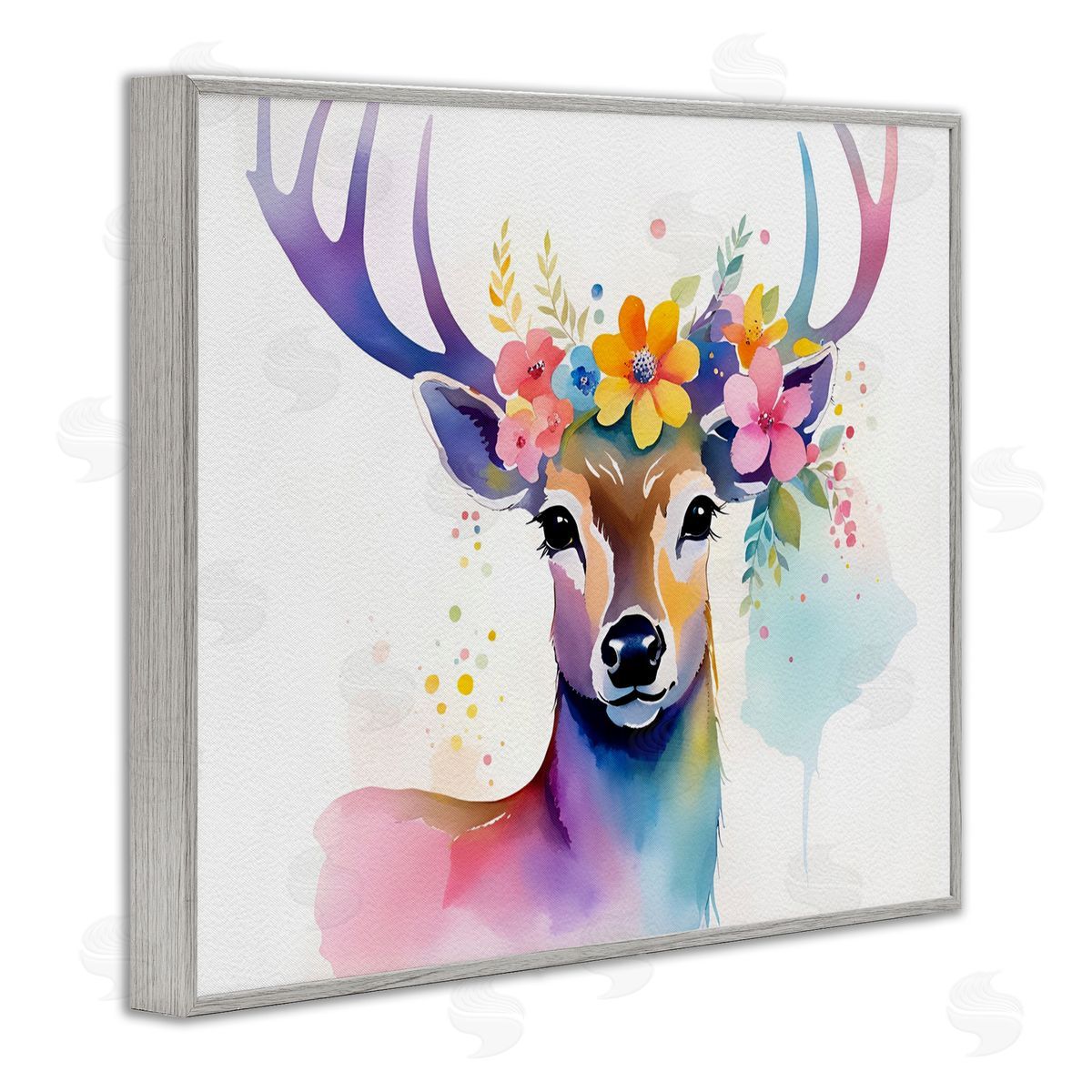 Floral Garland Deer Grey Frame Print Wall Art, Home Decor by Amber Clarkson
