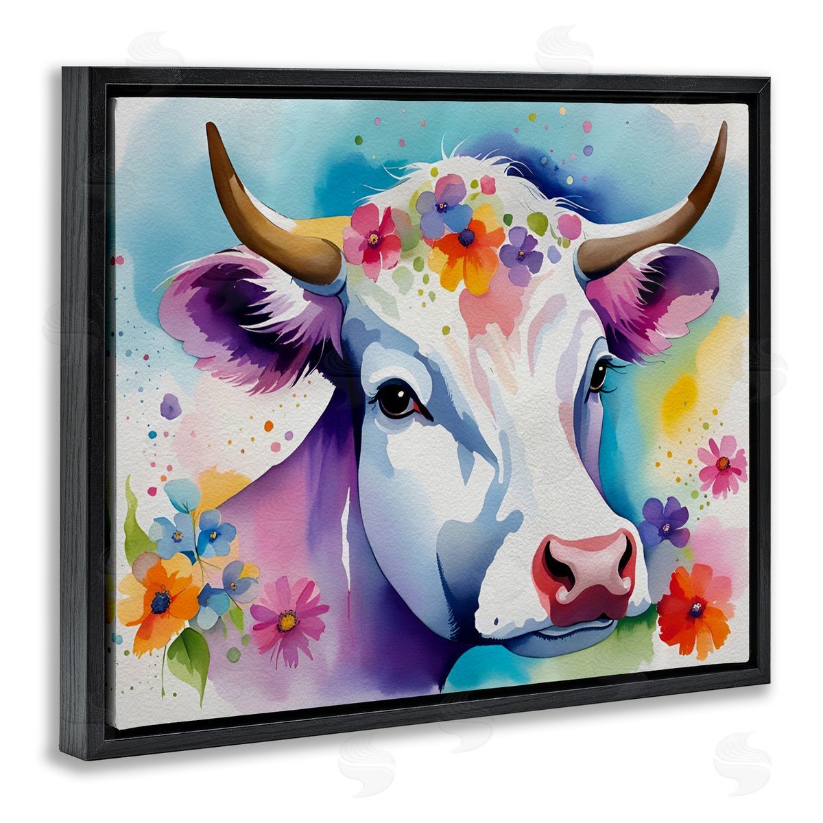 Flower Speckled Cow Black Floating Frame Canvas Wall Art, Home Decor by Amber Clarkson