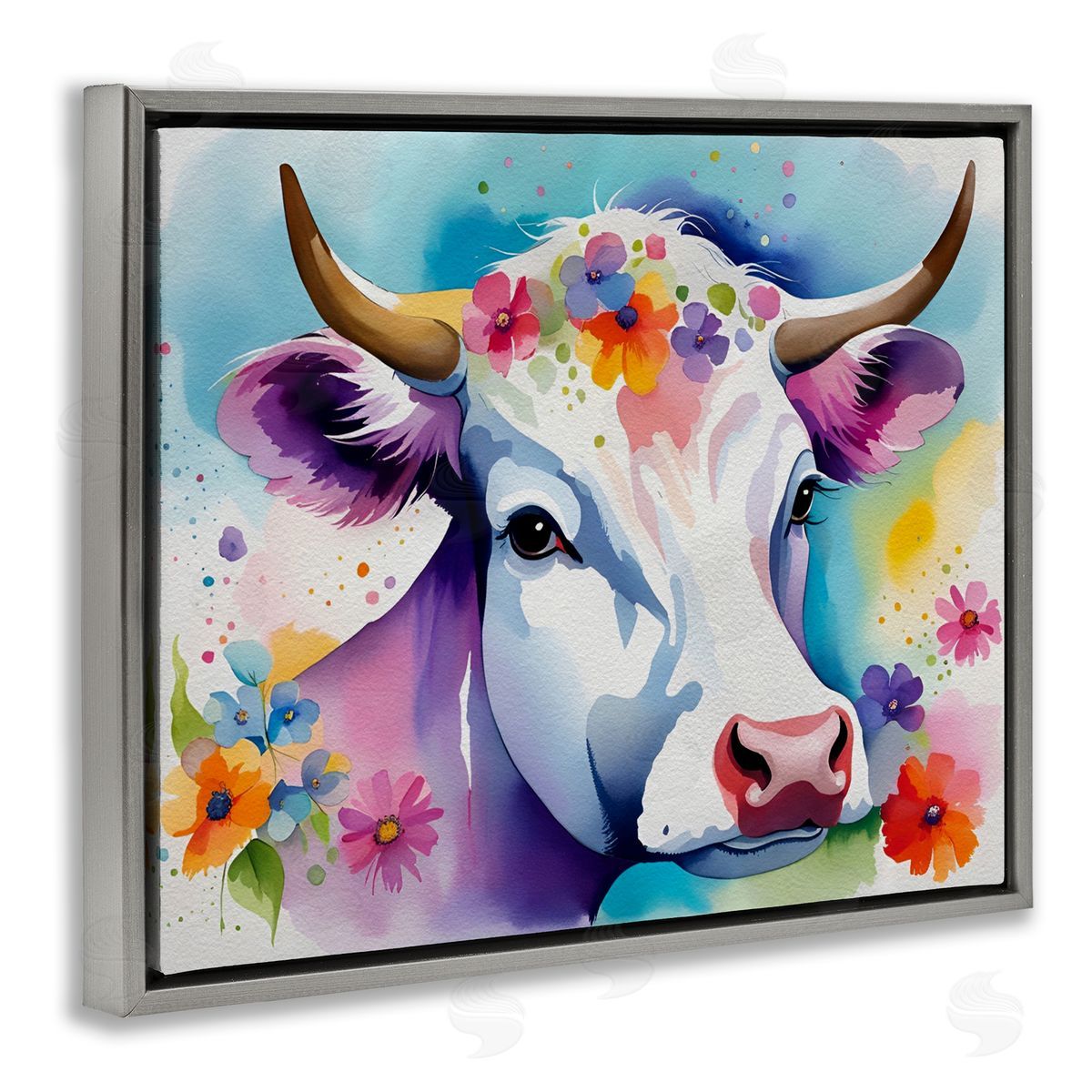 Flower Speckled Cow Grey Floating Frame Canvas Wall Art, Home Decor by Amber Clarkson