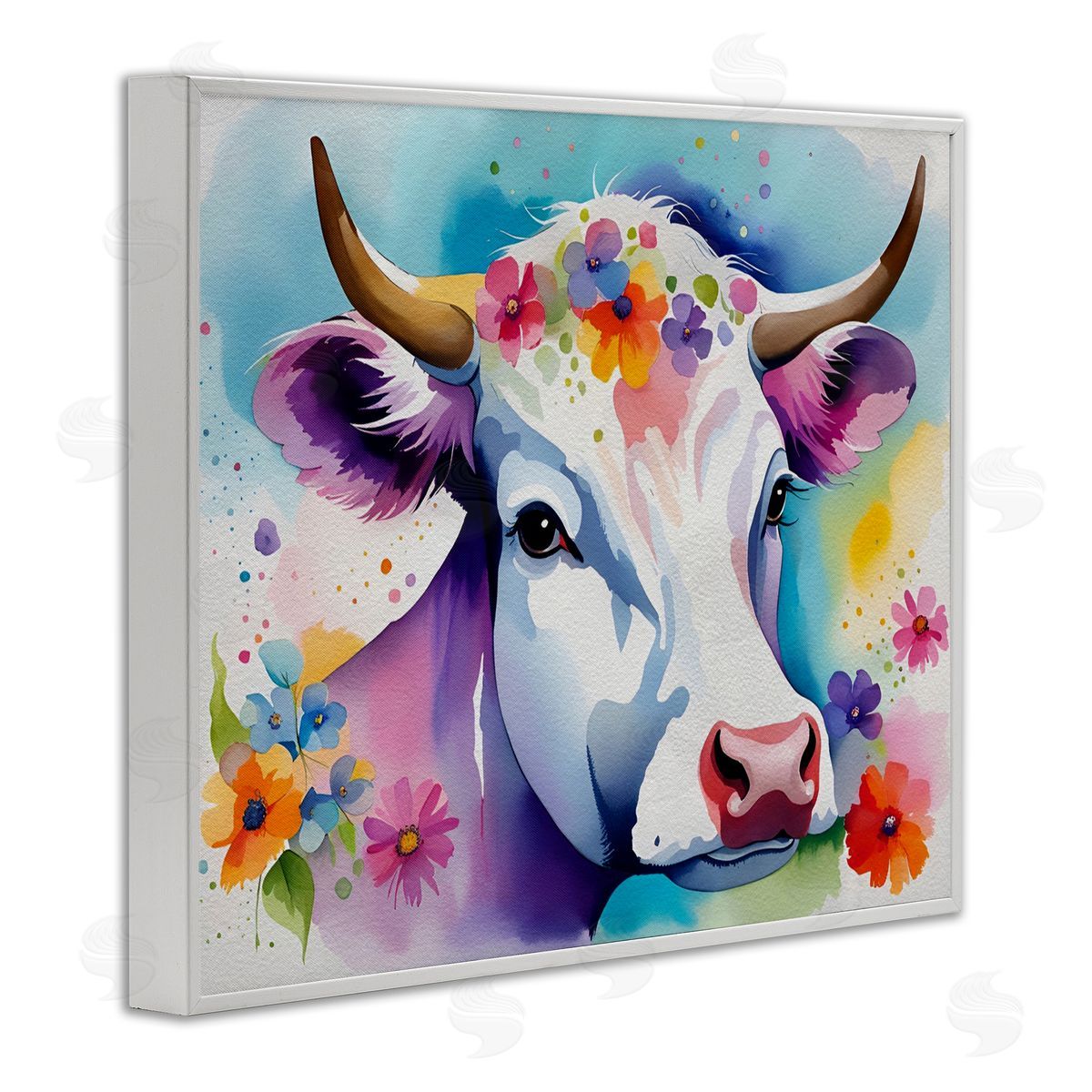 Flower Speckled Cow White Frame Print Wall Art, Home Decor by Amber Clarkson