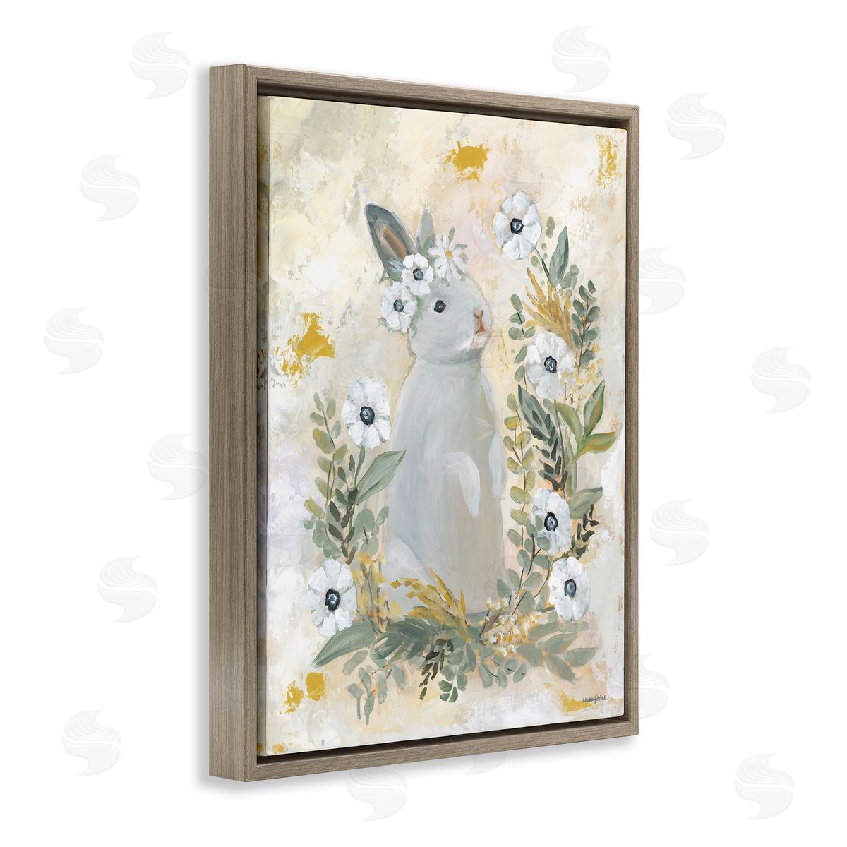 Bunny with White Blooms Brown Floating Frame Canvas Wall Art, Home Decor by Mackenzie Kissell