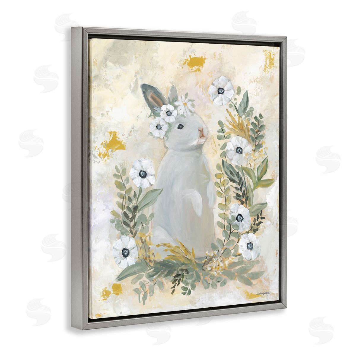 Bunny with White Blooms Grey Floating Frame Canvas Wall Art, Home Decor by Mackenzie Kissell