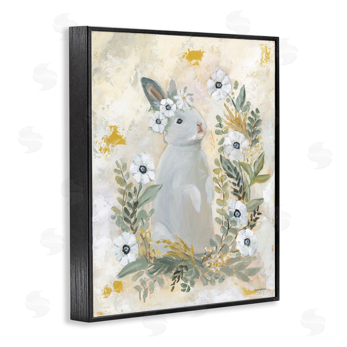Bunny with White Blooms Black Frame Print Wall Art, Home Decor by Mackenzie Kissell