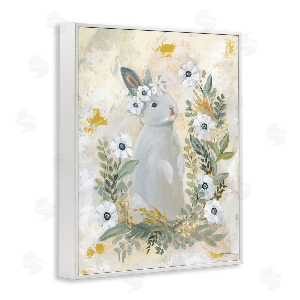 Bunny with White Blooms White Frame Print Wall Art, Home Decor by Mackenzie Kissell