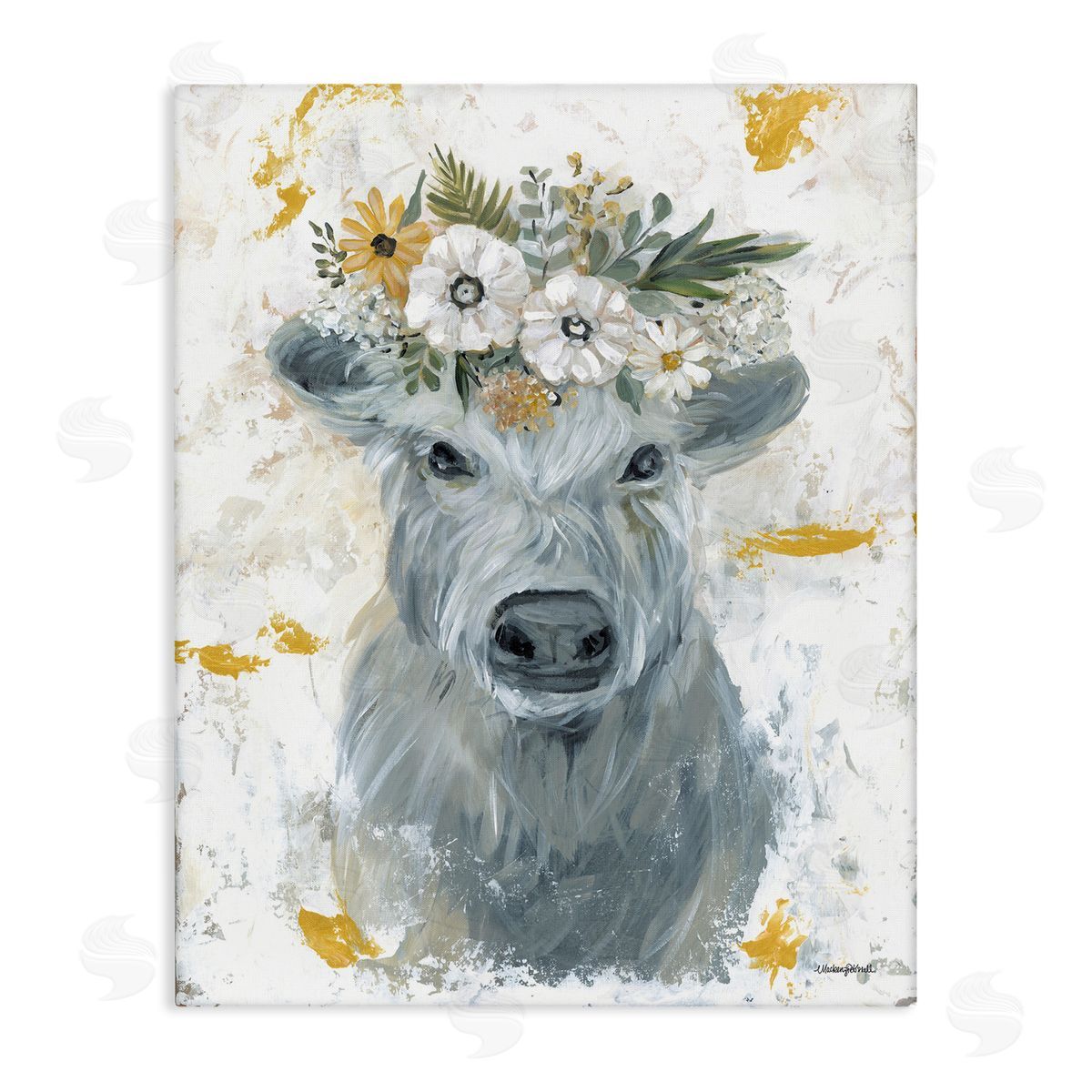 Grey Cattle with Flowers Canvas Wall Art, Home Decor by Mackenzie Kissell