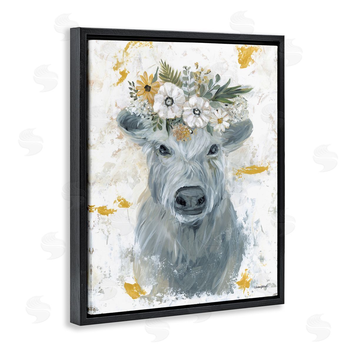 Grey Cattle with Flowers Black Floating Frame Canvas Wall Art, Home Decor by Mackenzie Kissell