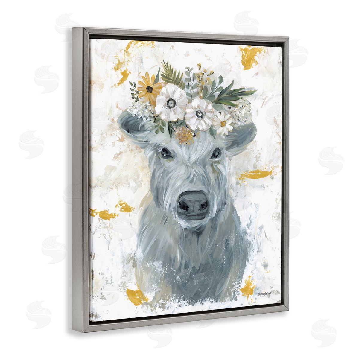 Grey Cattle with Flowers Grey Floating Frame Canvas Wall Art, Home Decor by Mackenzie Kissell