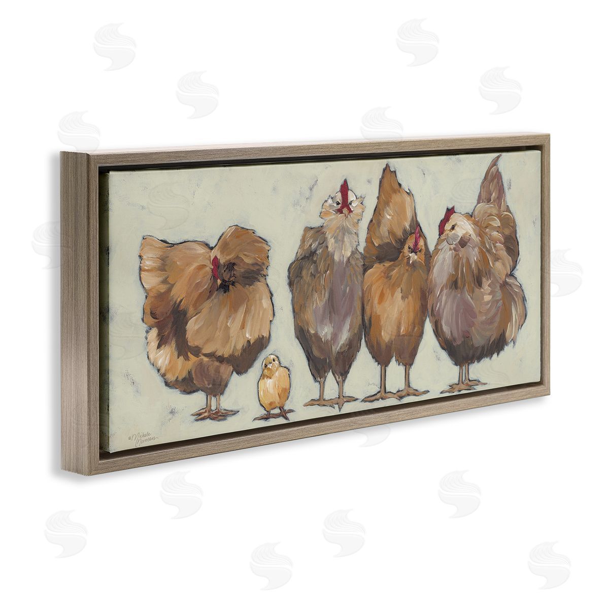 Brown Hens and Chick Brown Floating Frame Canvas Wall Art, Home Decor by Michele Norman