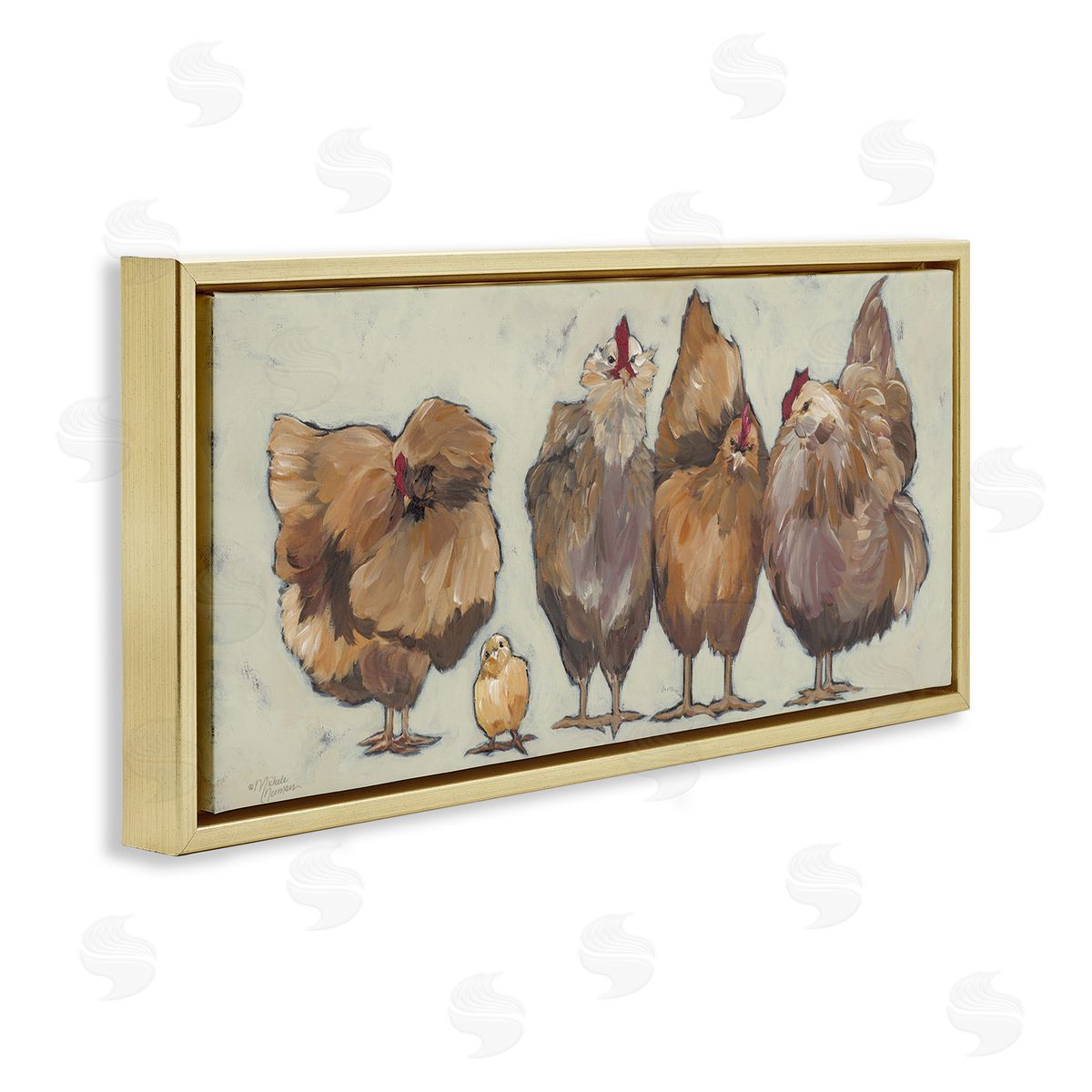 Brown Hens and Chick Gold Floating Frame Canvas Wall Art, Home Decor by Michele Norman