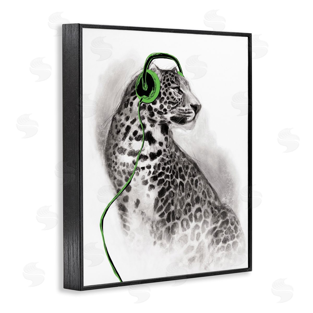 Cheetah with Headphones Black Frame Print Wall Art, Home Decor by Masey St. Studios