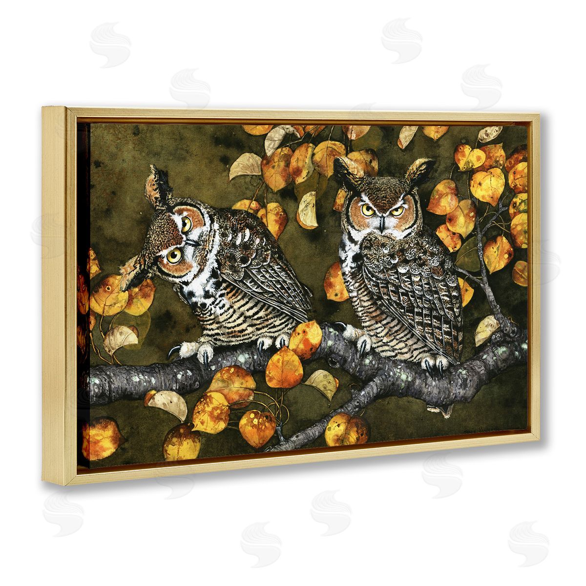 Inquisitor Owls Autumn Branch Gold Floating Frame Canvas Wall Art, Home Decor by Maggie Vandewalle