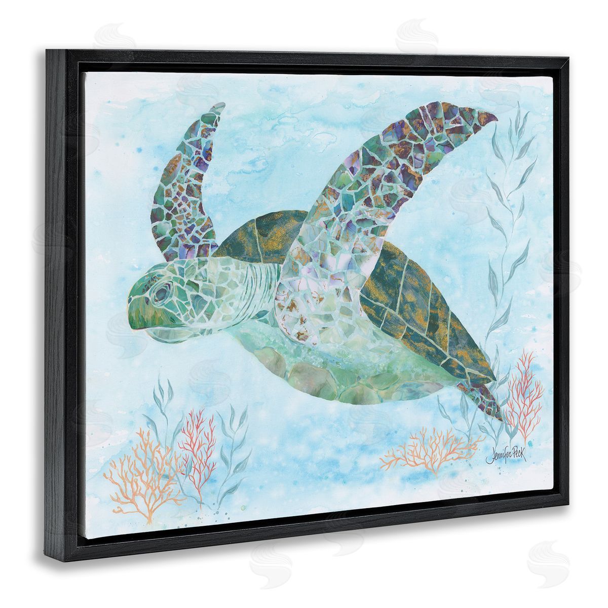 Mosaic Tortoise Underwater Black Floating Frame Canvas Wall Art, Home Decor by Jennifer Peck