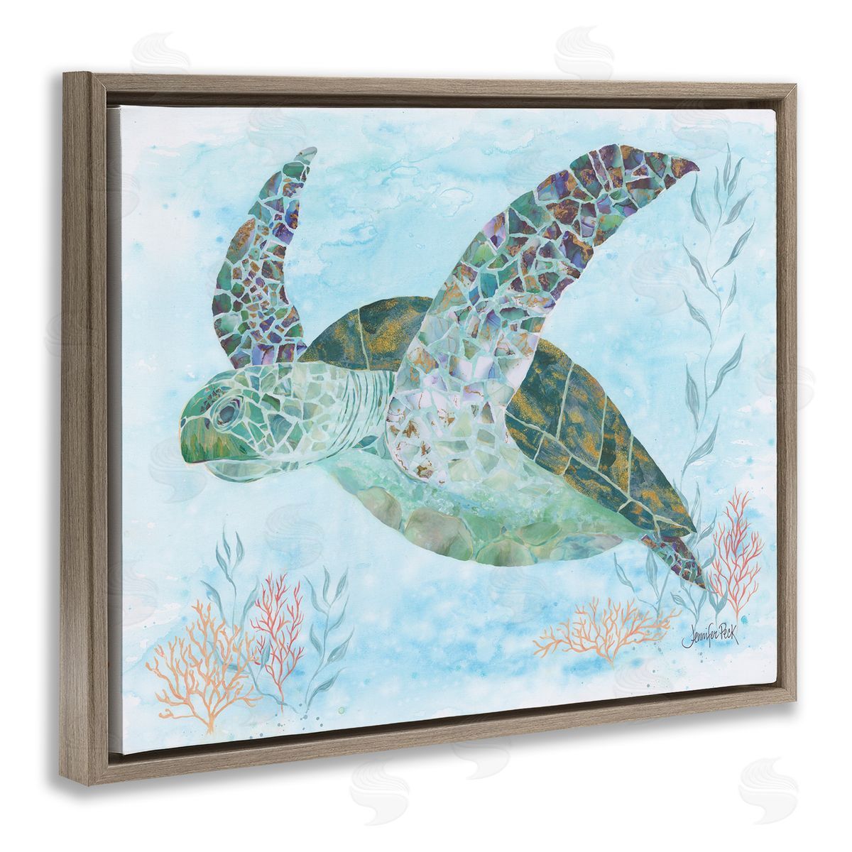 Mosaic Tortoise Underwater Brown Floating Frame Canvas Wall Art, Home Decor by Jennifer Peck
