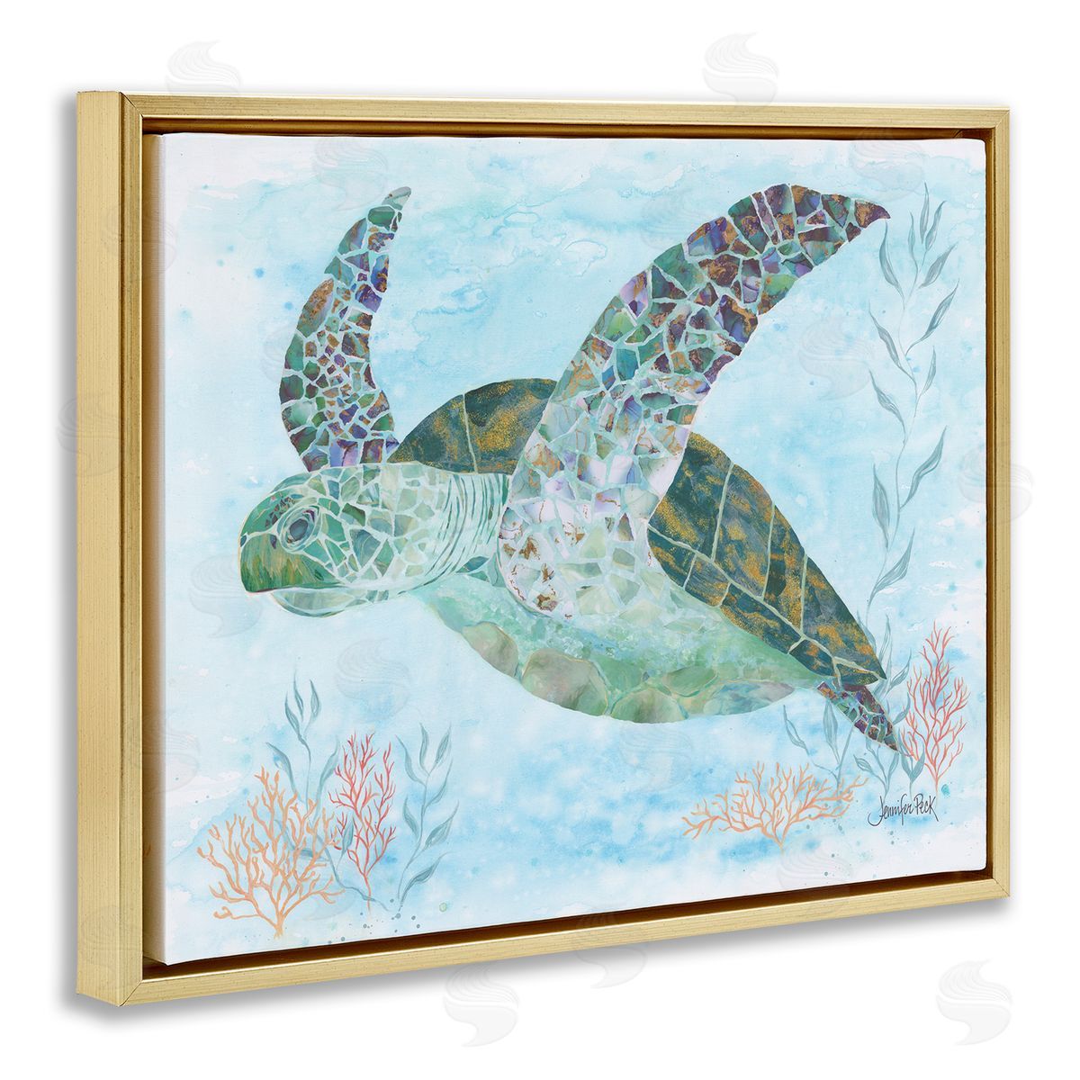 Mosaic Tortoise Underwater Gold Floating Frame Canvas Wall Art, Home Decor by Jennifer Peck