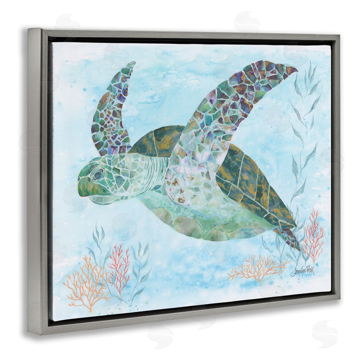 Mosaic Tortoise Underwater Grey Floating Frame Canvas Wall Art, Home Decor by Jennifer Peck