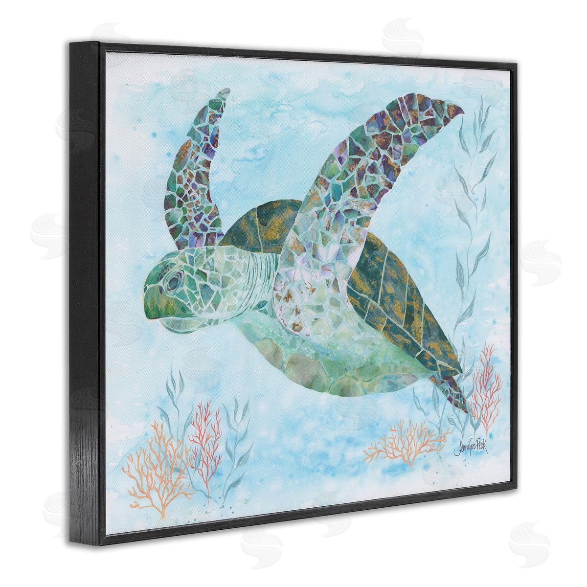 Mosaic Tortoise Underwater Black Frame Print Wall Art, Home Decor by Jennifer Peck