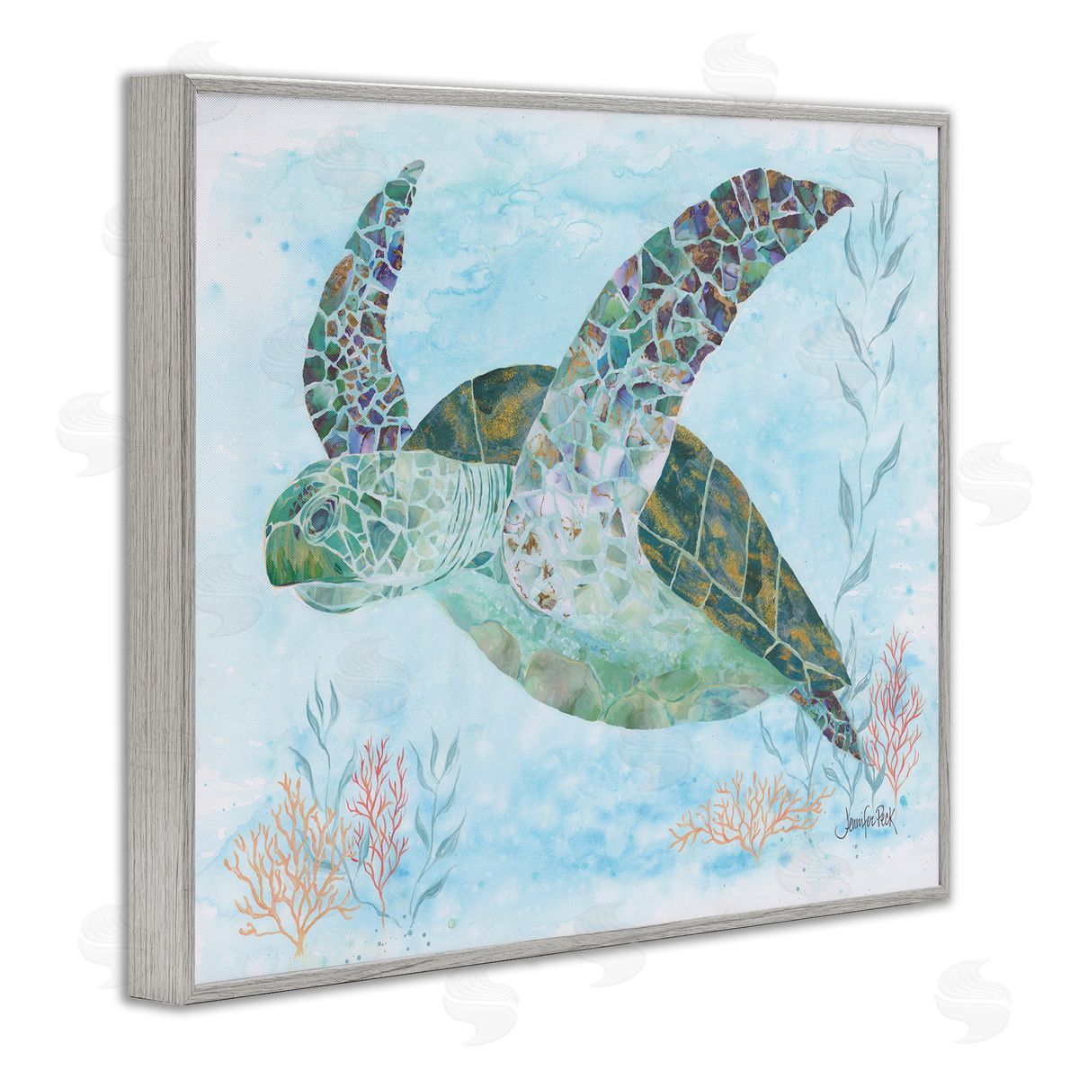 Mosaic Tortoise Underwater Grey Frame Print Wall Art, Home Decor by Jennifer Peck
