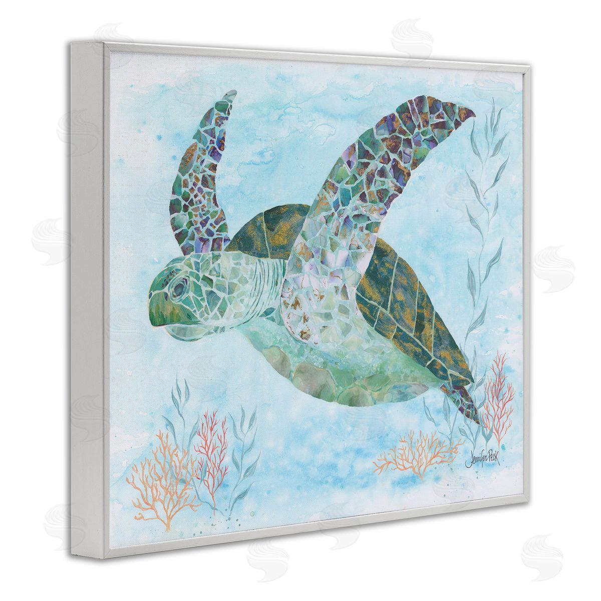 Mosaic Tortoise Underwater White Frame Print Wall Art, Home Decor by Jennifer Peck
