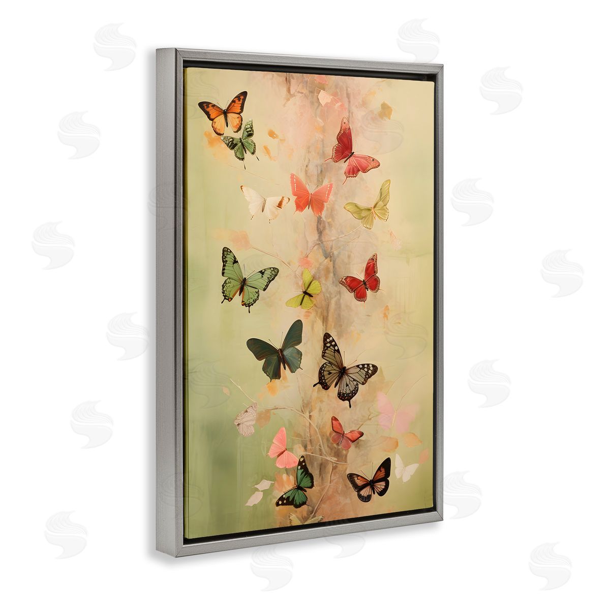 Fluttering Butterfly Array Grey Floating Frame Canvas Wall Art, Home Decor by Petal Prints Design
