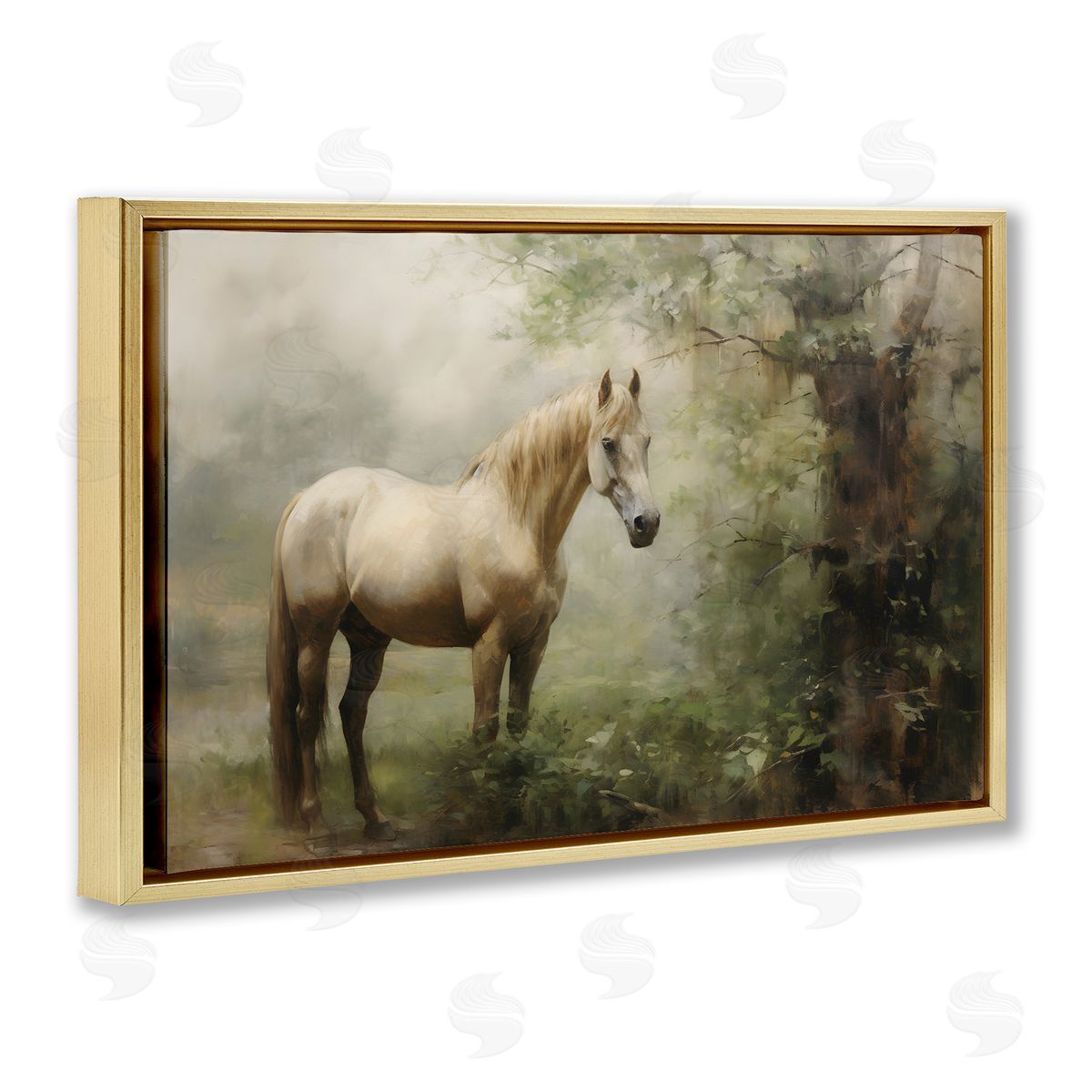 Horse in Forest Woods Gold Floating Frame Canvas Wall Art, Home Decor by Petal Prints Design