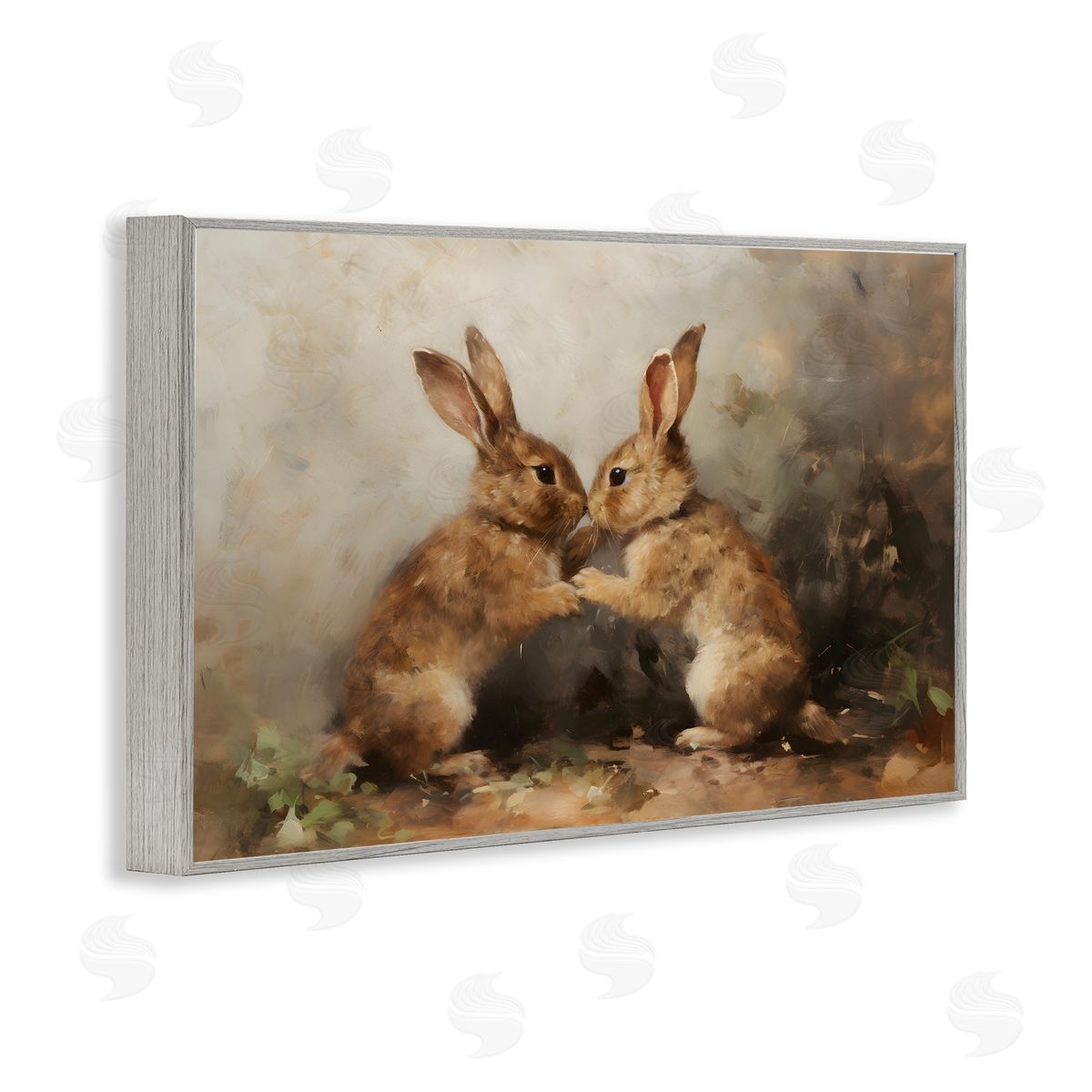 Bunny Boxing Duo Grey Frame Print Wall Art, Home Decor by Petal Prints Design