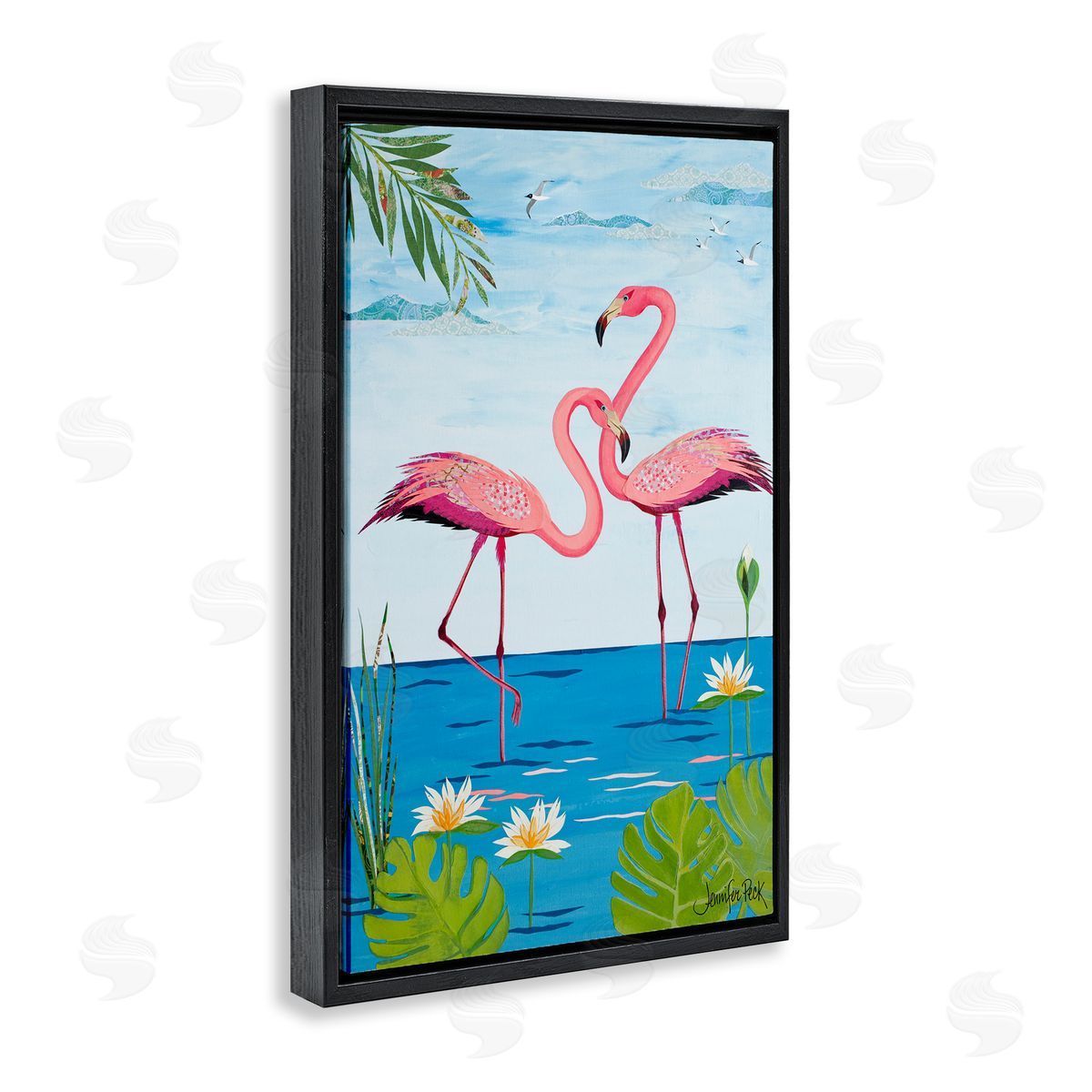 Pretty In Pink Flamingos Black Floating Frame Canvas Wall Art, Home Decor by Jennifer Peck
