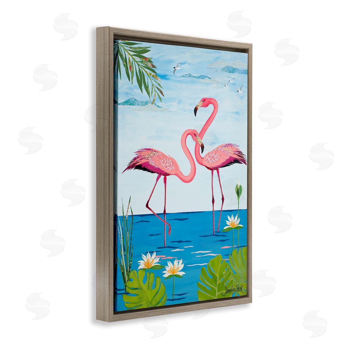 Pretty In Pink Flamingos Brown Floating Frame Canvas Wall Art, Home Decor by Jennifer Peck