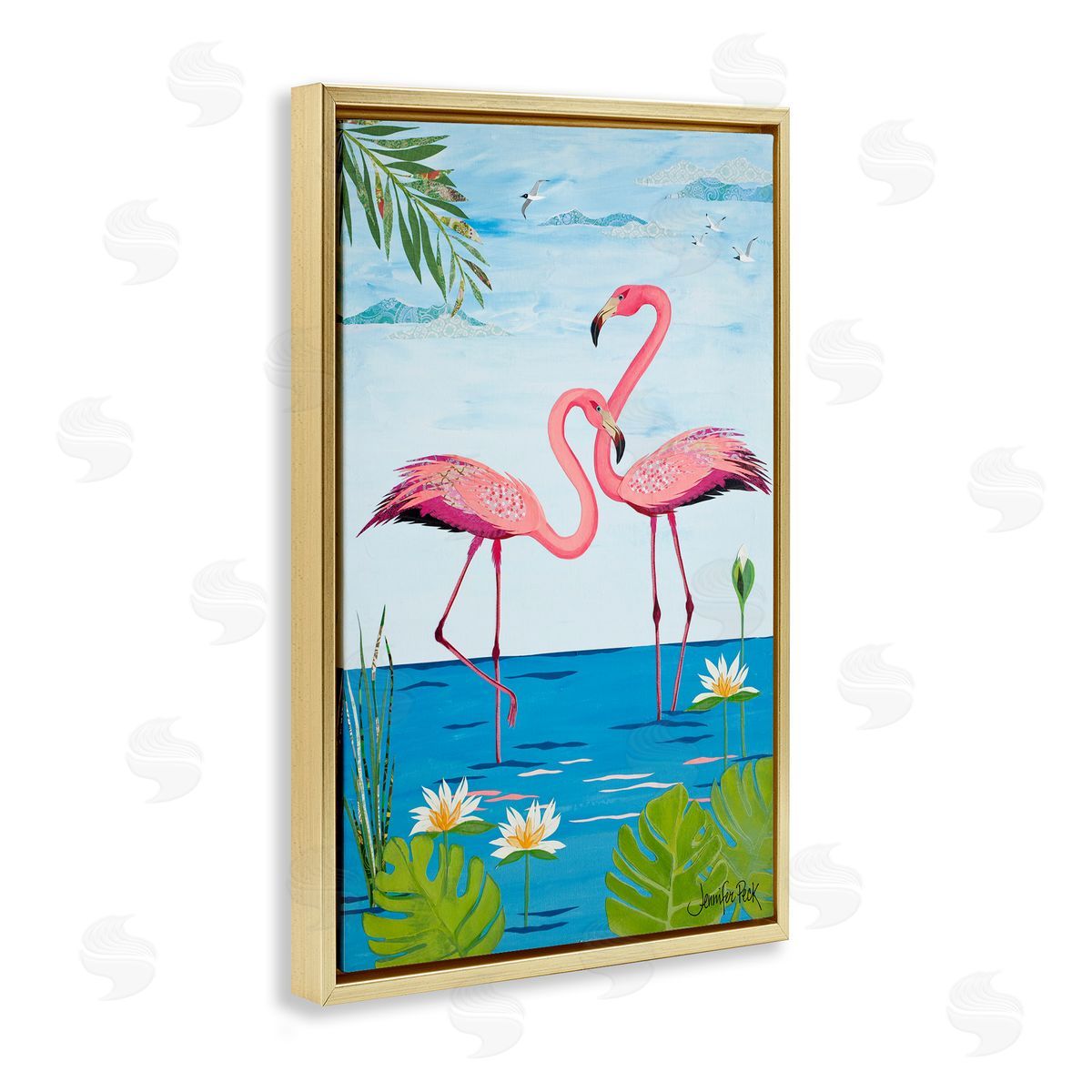 Pretty In Pink Flamingos Gold Floating Frame Canvas Wall Art, Home Decor by Jennifer Peck