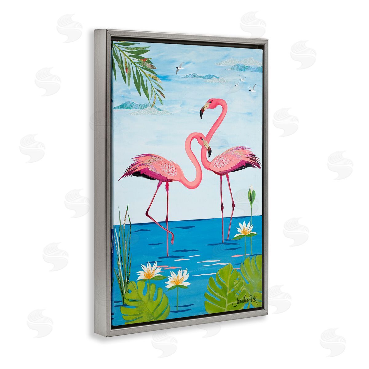 Pretty In Pink Flamingos Grey Floating Frame Canvas Wall Art, Home Decor by Jennifer Peck