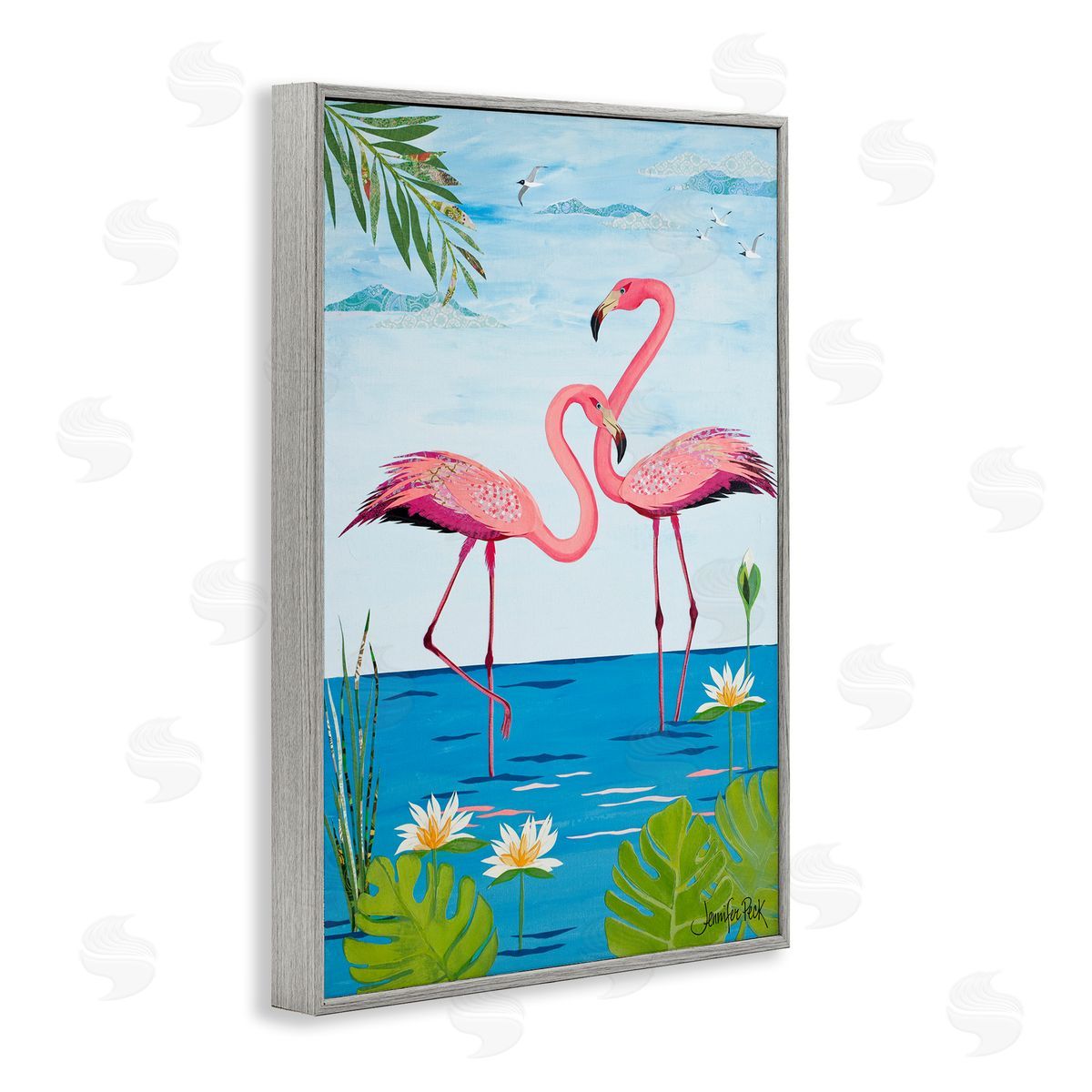 Pretty In Pink Flamingos Grey Frame Print Wall Art, Home Decor by Jennifer Peck