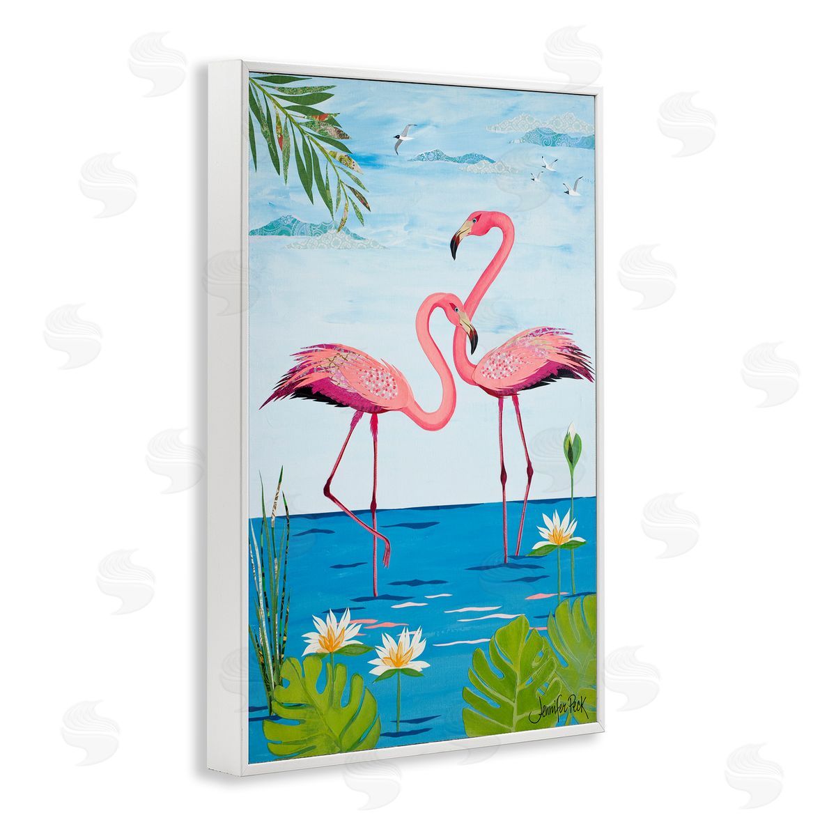 Pretty In Pink Flamingos White Frame Print Wall Art, Home Decor by Jennifer Peck