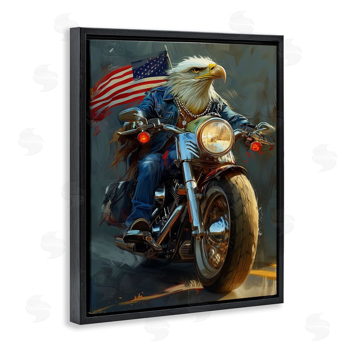 Patriotic Eagle Motorcycle Black Floating Frame Canvas Wall Art, Home Decor by Ray Heere