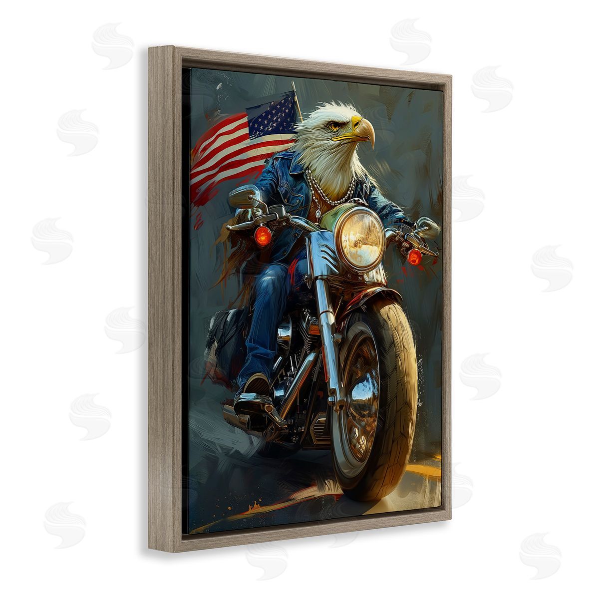 Patriotic Eagle Motorcycle Brown Floating Frame Canvas Wall Art, Home Decor by Ray Heere