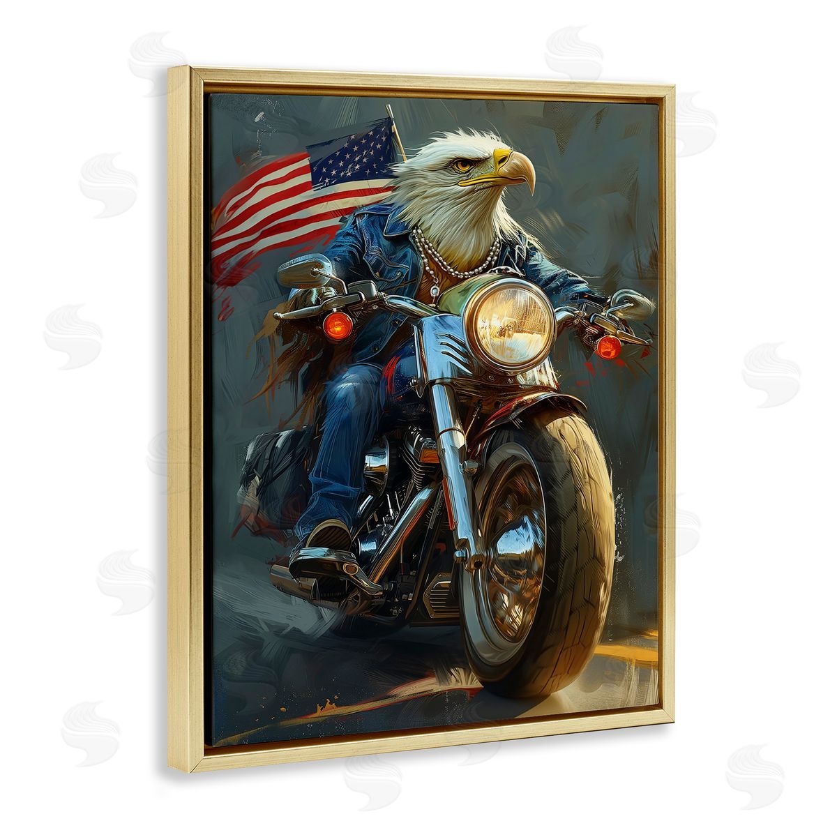 Patriotic Eagle Motorcycle Gold Floating Frame Canvas Wall Art, Home Decor by Ray Heere