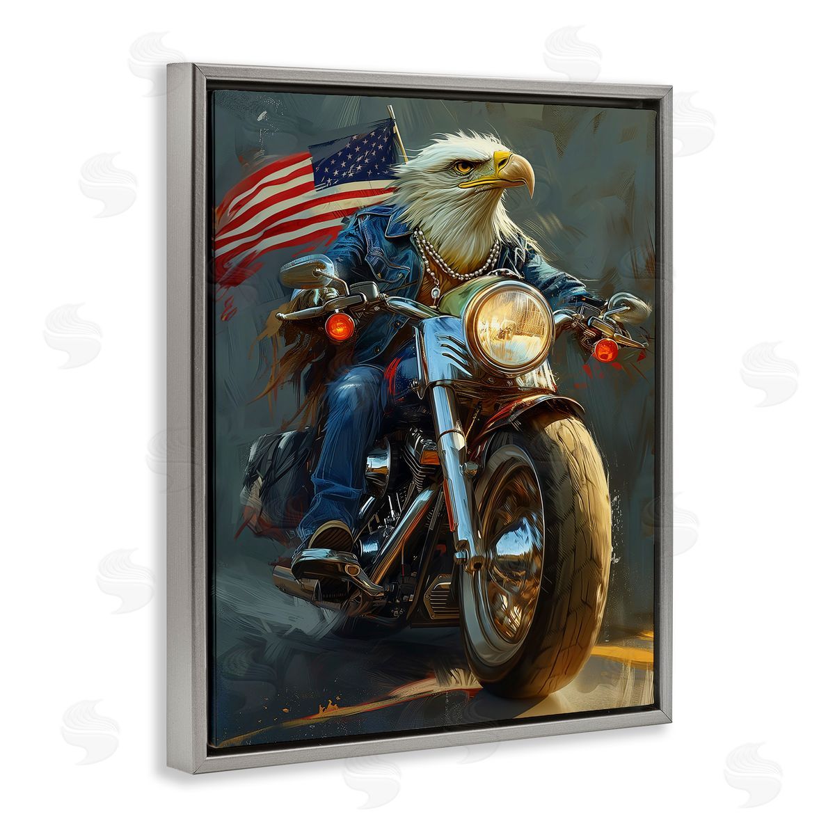 Patriotic Eagle Motorcycle Grey Floating Frame Canvas Wall Art, Home Decor by Ray Heere