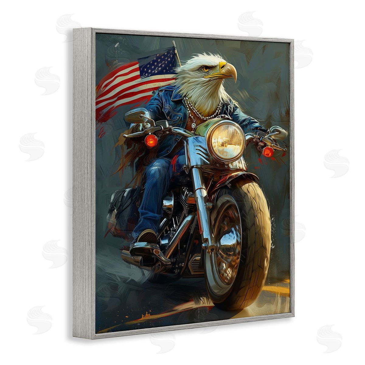 Patriotic Eagle Motorcycle Grey Frame Print Wall Art, Home Decor by Ray Heere