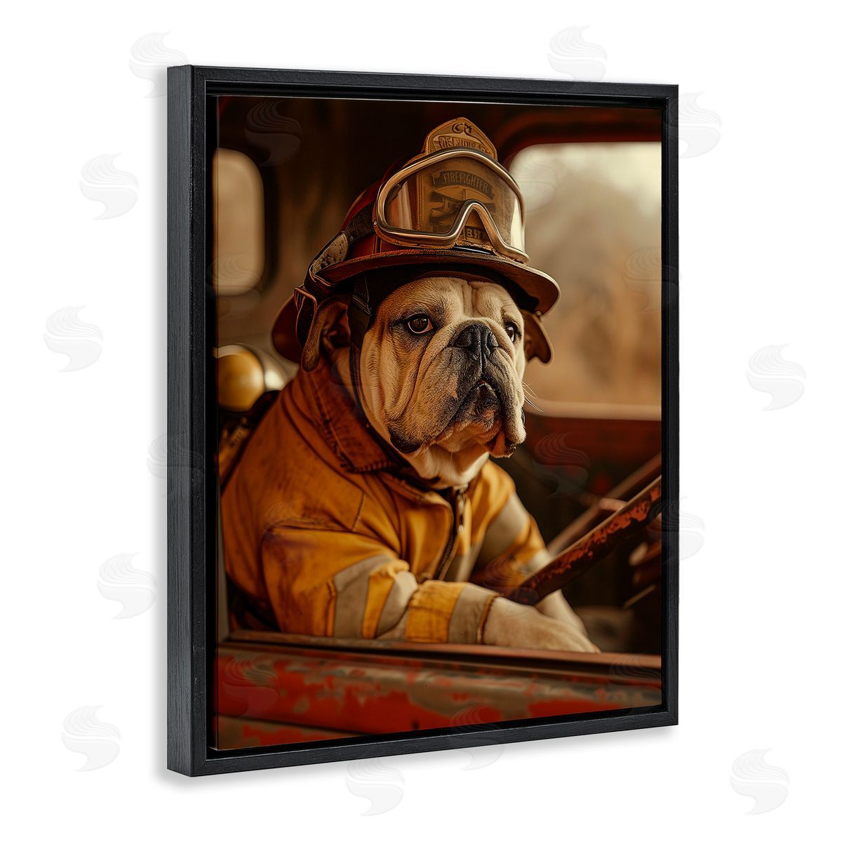 Rustic Bulldog Fireman Black Floating Frame Canvas Wall Art, Home Decor by Ray Heere