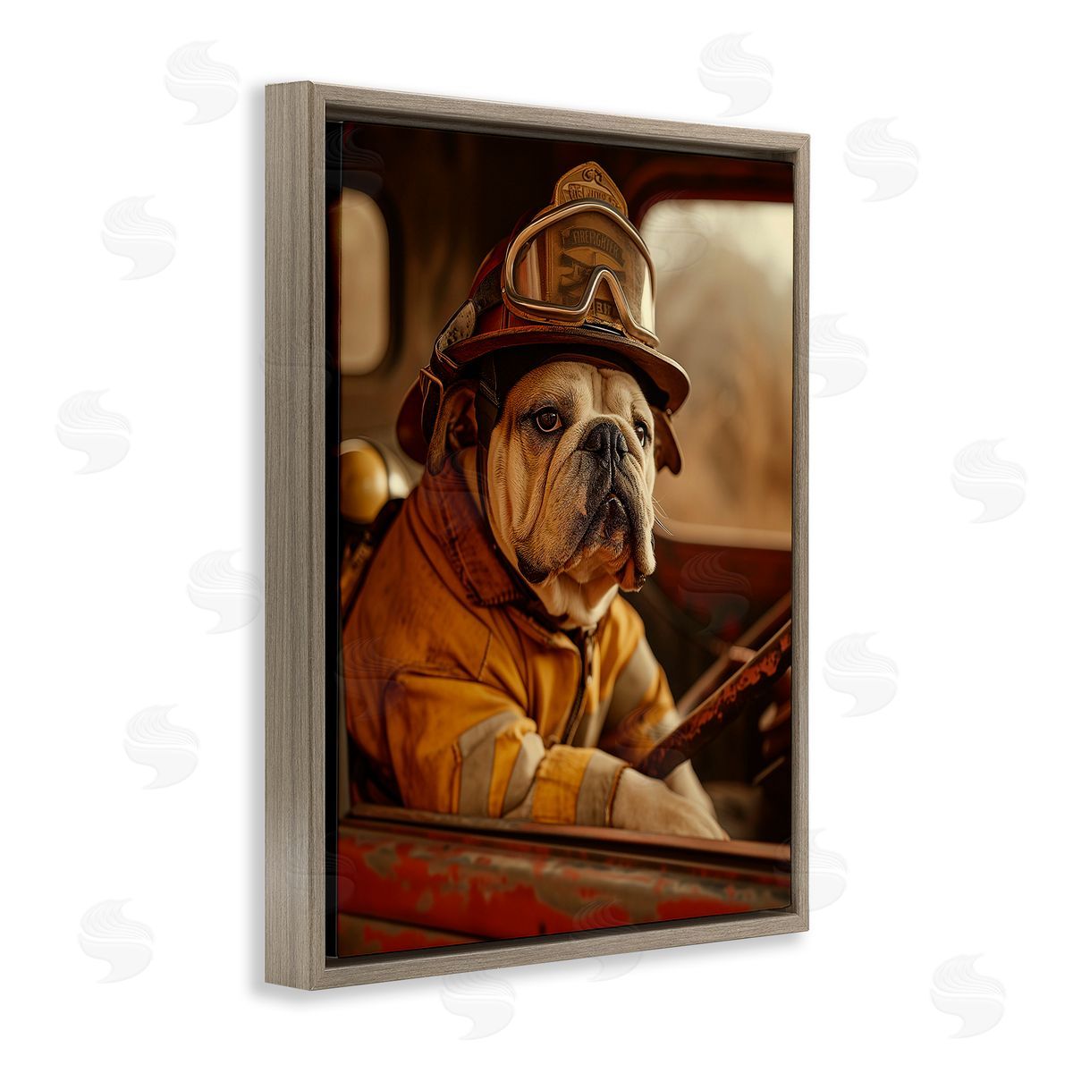 Rustic Bulldog Fireman Brown Floating Frame Canvas Wall Art, Home Decor by Ray Heere
