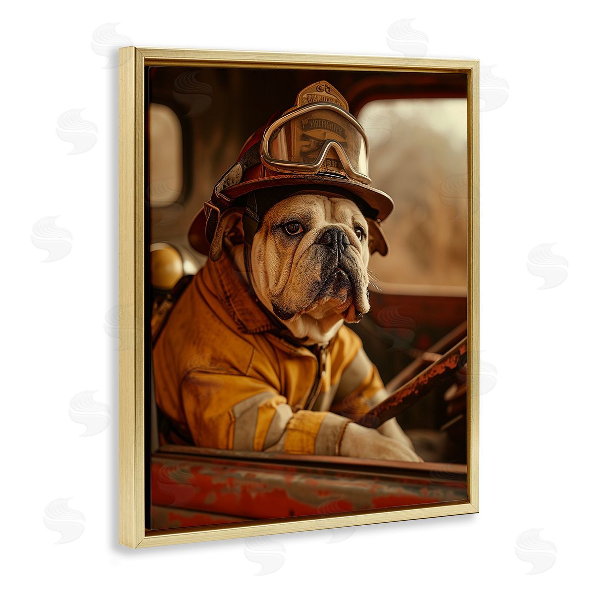 Rustic Bulldog Fireman Gold Floating Frame Canvas Wall Art, Home Decor by Ray Heere