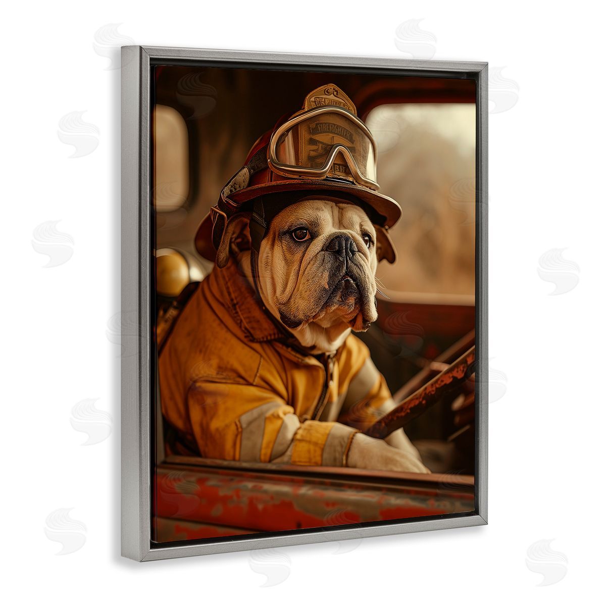 Rustic Bulldog Fireman Grey Floating Frame Canvas Wall Art, Home Decor by Ray Heere
