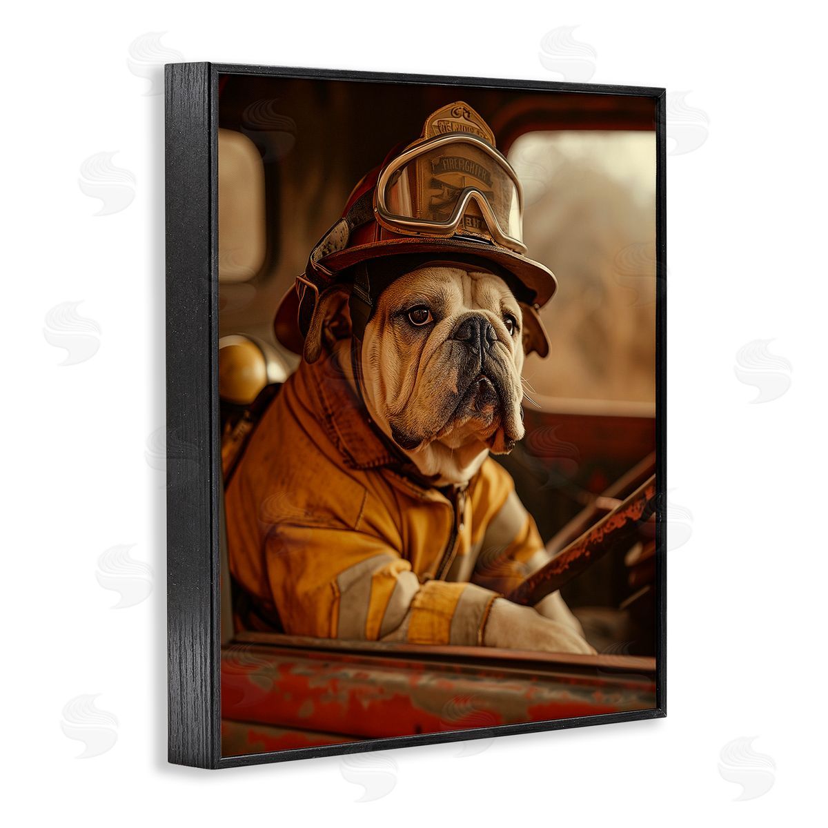 Rustic Bulldog Fireman Black Frame Print Wall Art, Home Decor by Ray Heere