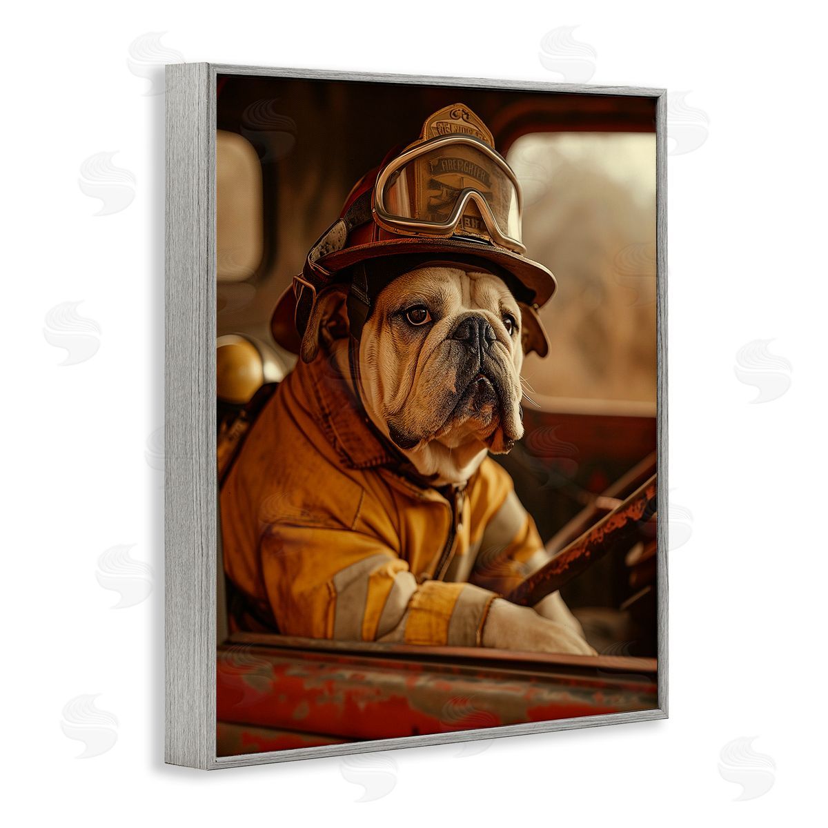 Rustic Bulldog Fireman Grey Frame Print Wall Art, Home Decor by Ray Heere