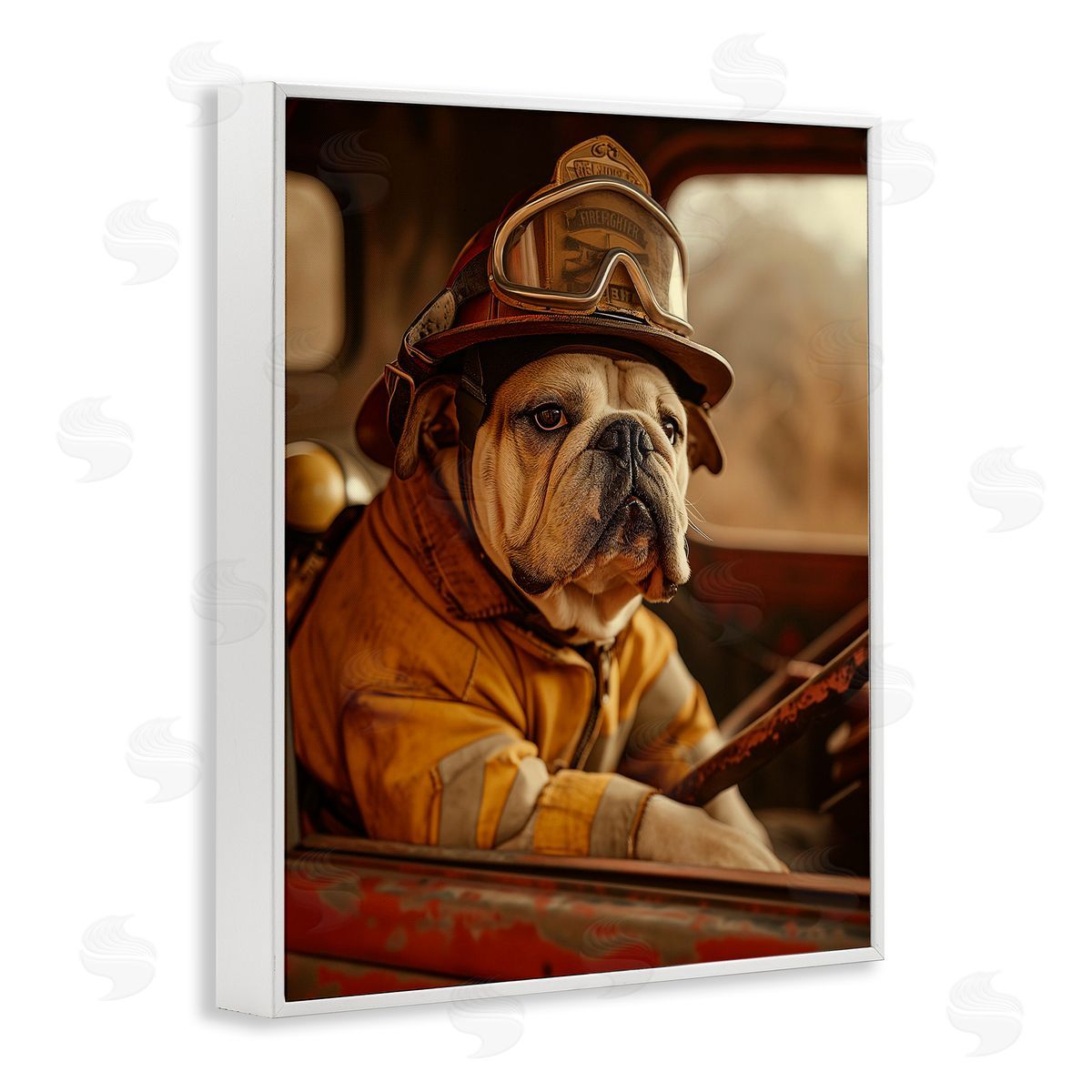 Rustic Bulldog Fireman White Frame Print Wall Art, Home Decor by Ray Heere