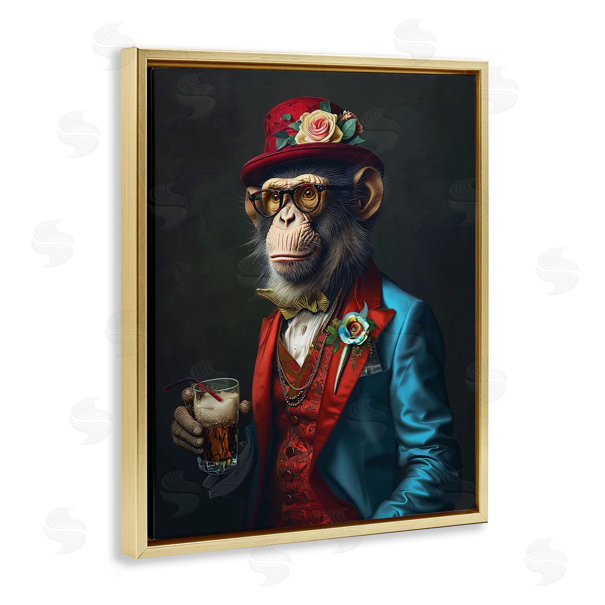 Monkey with Fancy Outfit Gold Floating Frame Canvas Wall Art, Home Decor by Ray Heere