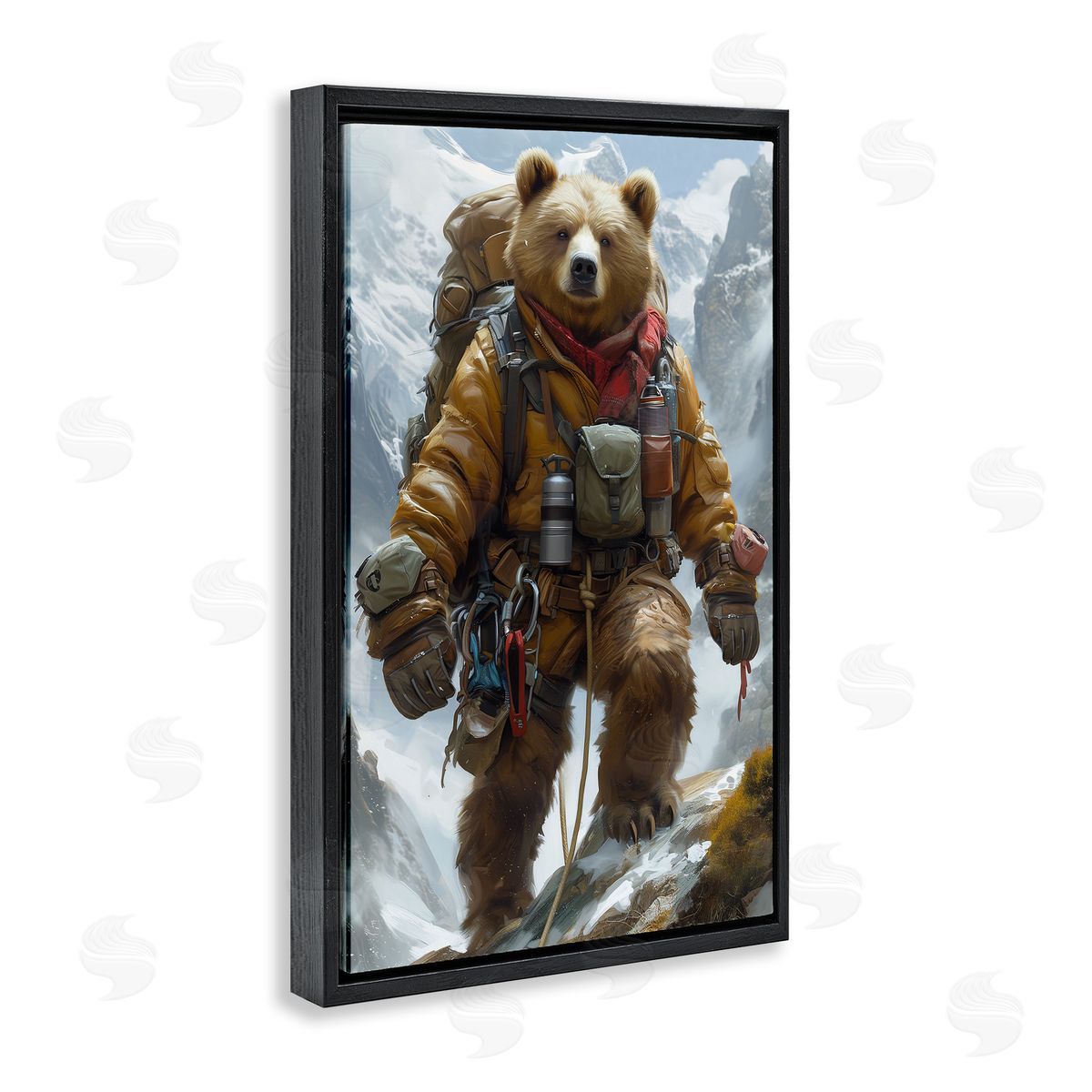 Mountain Hiking Bear Black Floating Frame Canvas Wall Art, Home Decor by Ray Heere