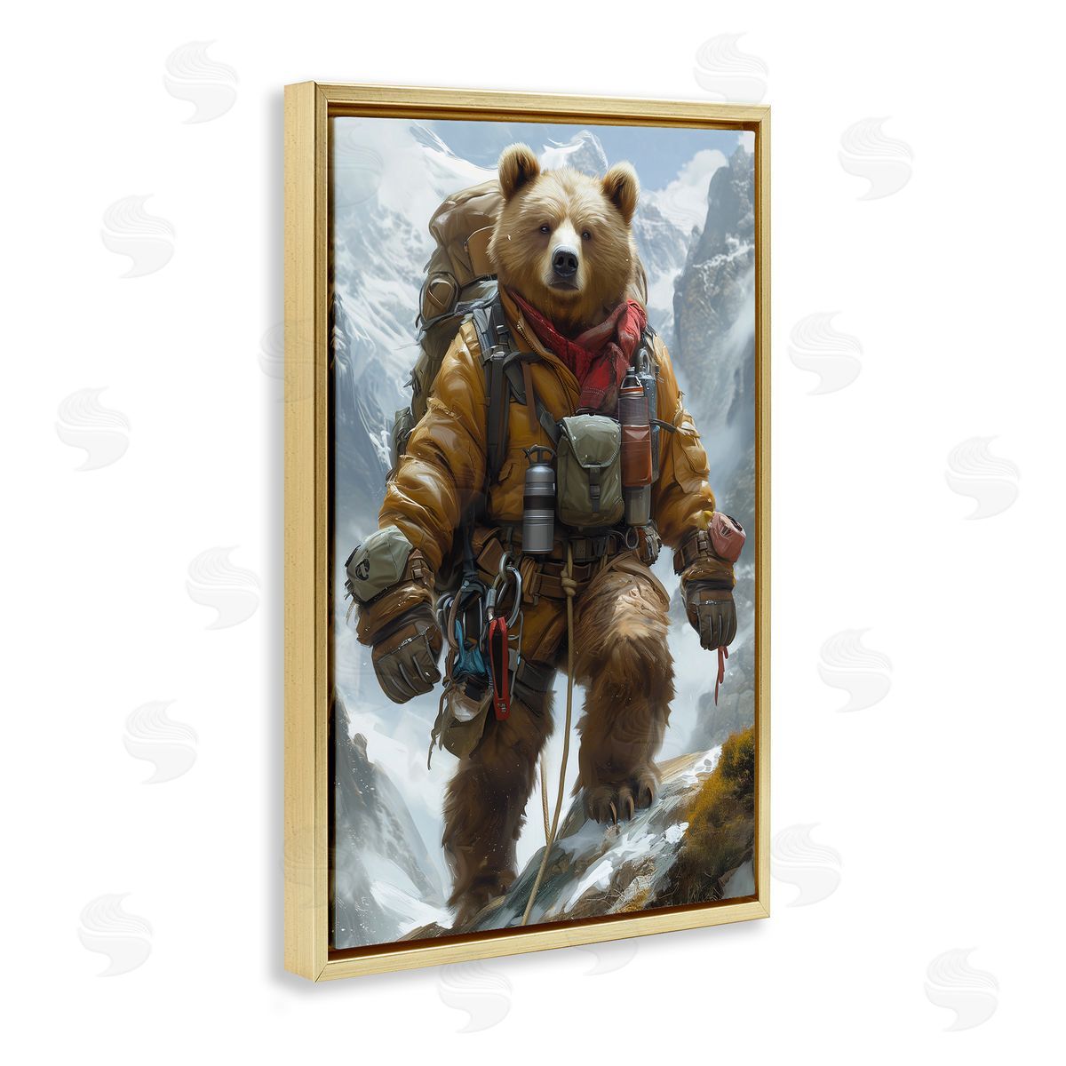 Mountain Hiking Bear Gold Floating Frame Canvas Wall Art, Home Decor by Ray Heere