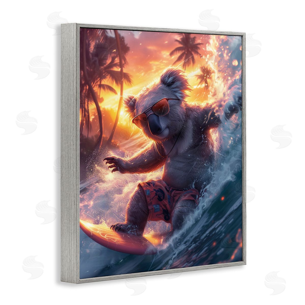 Surfing Tropical Koala Grey Frame Print Wall Art, Home Decor by Ray Heere