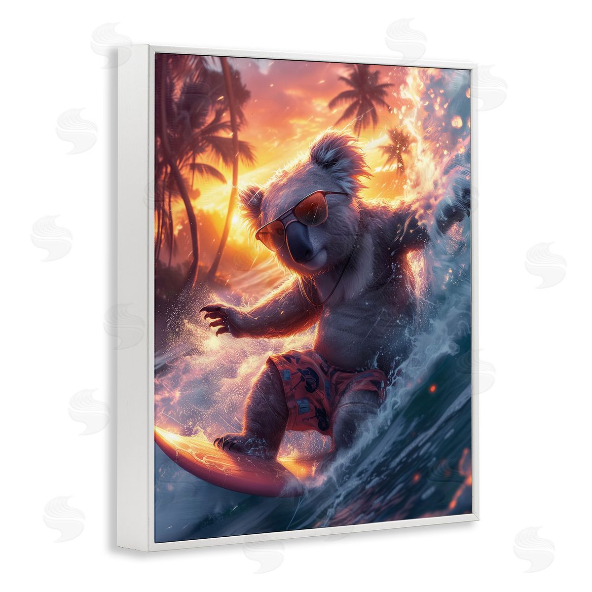 Surfing Tropical Koala White Frame Print Wall Art, Home Decor by Ray Heere