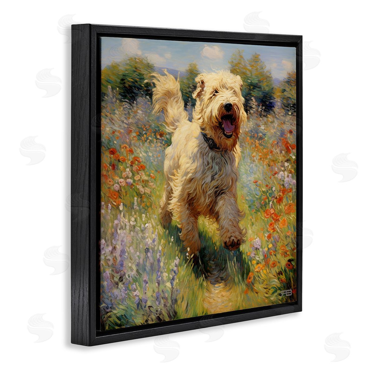 Happy Running Terrier Dog Black Floating Frame Canvas Wall Art, Home Decor by Roozbeh Bahramali